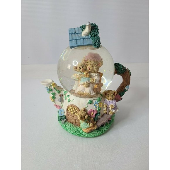 Vintage Whimsical Teddy Bear Family Teapot House Musical Water Globe Decoration